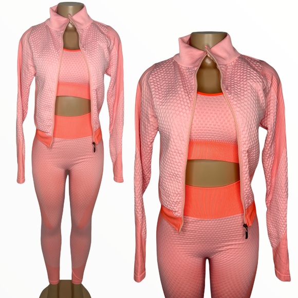 New Women 3 Piece Orange Set Size S Compression Leggings, Sport bra and Jacket - Picture 1 of 7